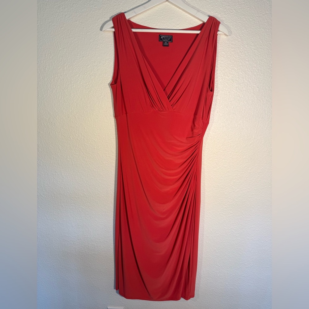 American Living Coral Sleeveless V-Neck Fitted Ruched Dress
